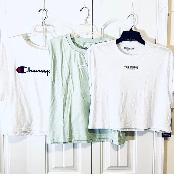 Set of 3 Crop Tops by True Religion, Dickies, & Champion. White/Green (XL) NWT - Picture 1 of 11